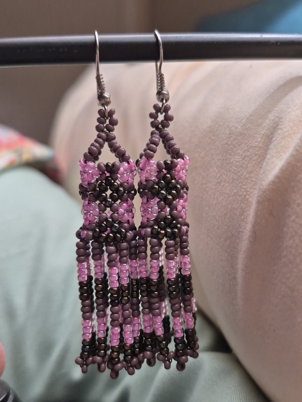 Artisian Handcrafted Amethyst Black Shimmer Seed Bead Fringe Boho Drop Earrings